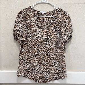 Maison d'Amelie Brown and Black Printed V-Neck Blouse Large
